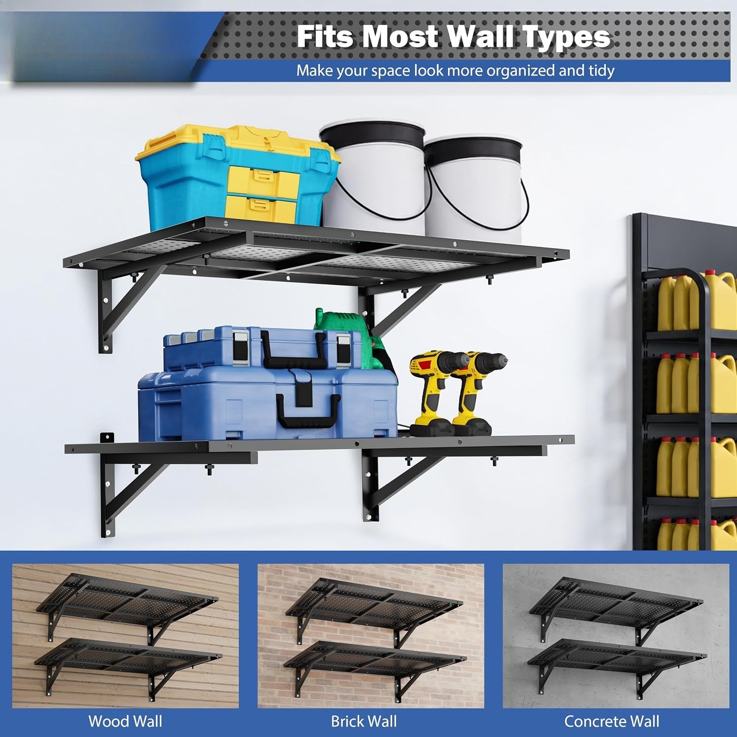 Black Wall Mount Garage Shelving 4 Pack 2×3ft 600lbs Capacity