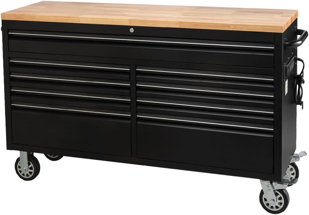 61" 9-Drawer Rolling Tool Chest Wood Top