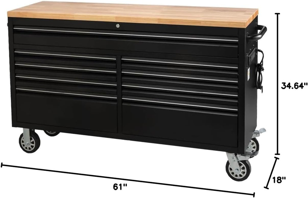 61" 9-Drawer Rolling Tool Chest Wood Top