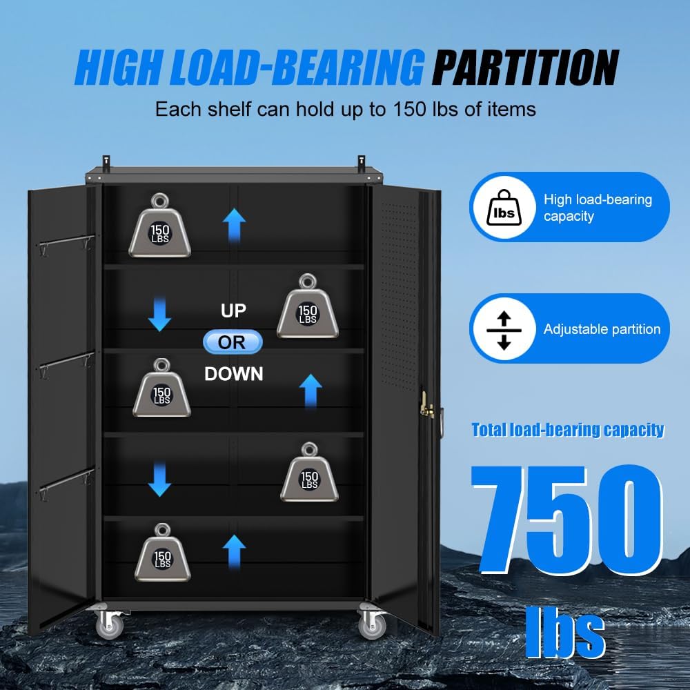 72" Rolling Metal Cabinet Pegboard Black