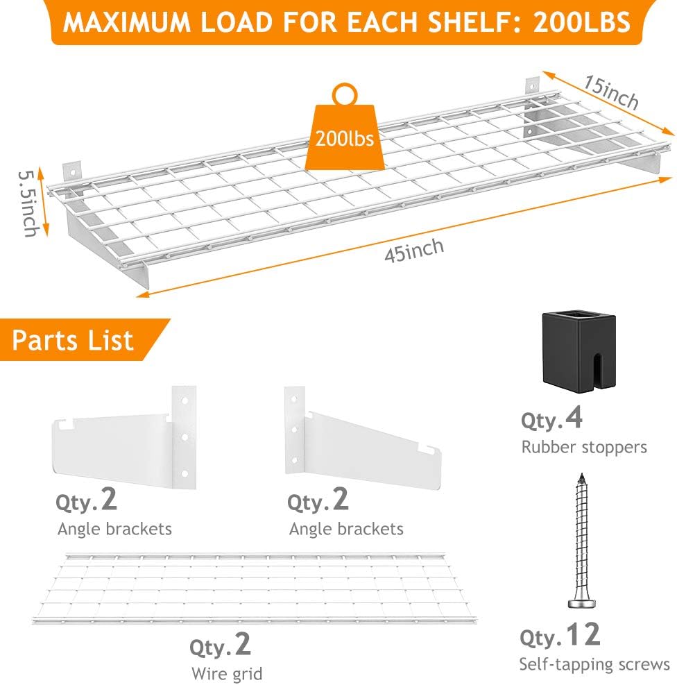 2 Pack White Garage Shelves 15×45 Inch