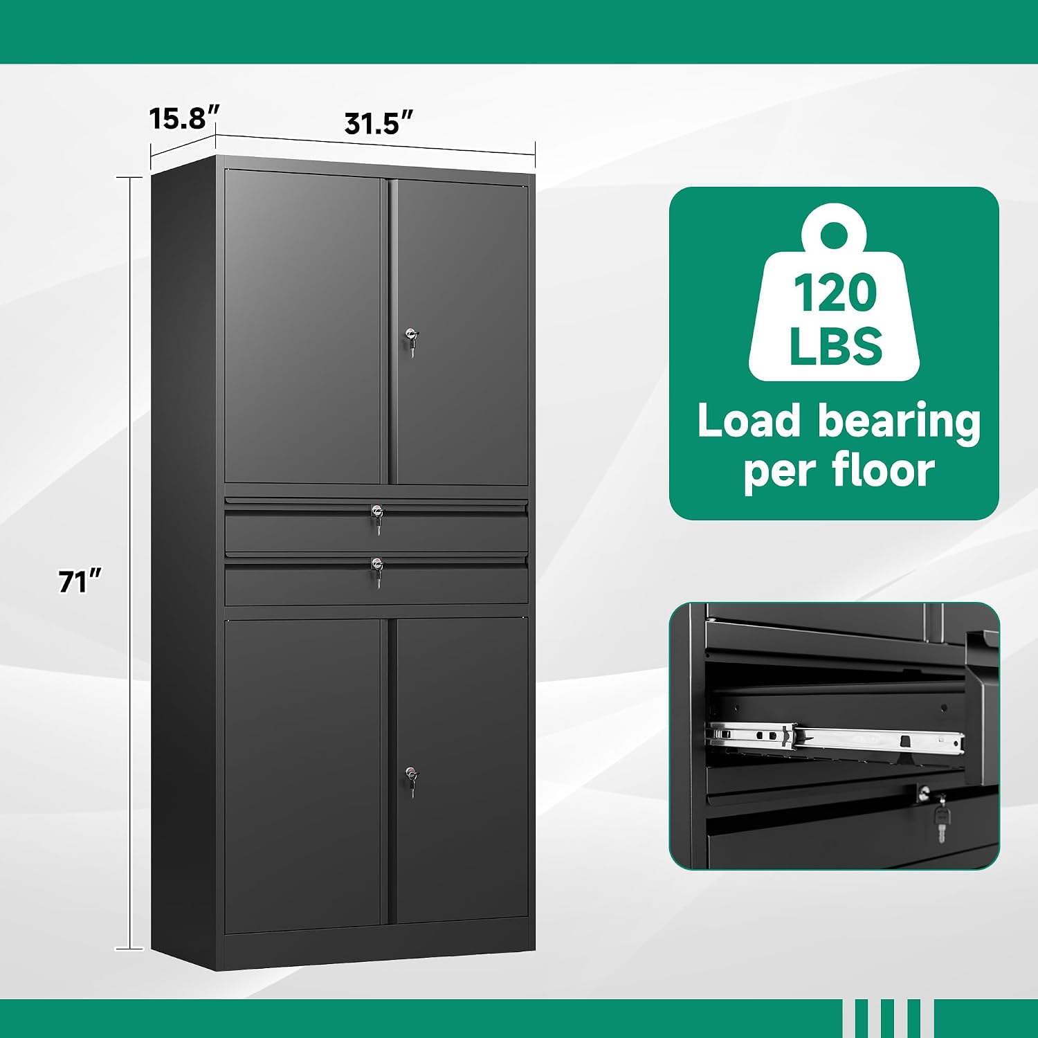 71" Metal Cabinet 2 Drawers Lockable Black