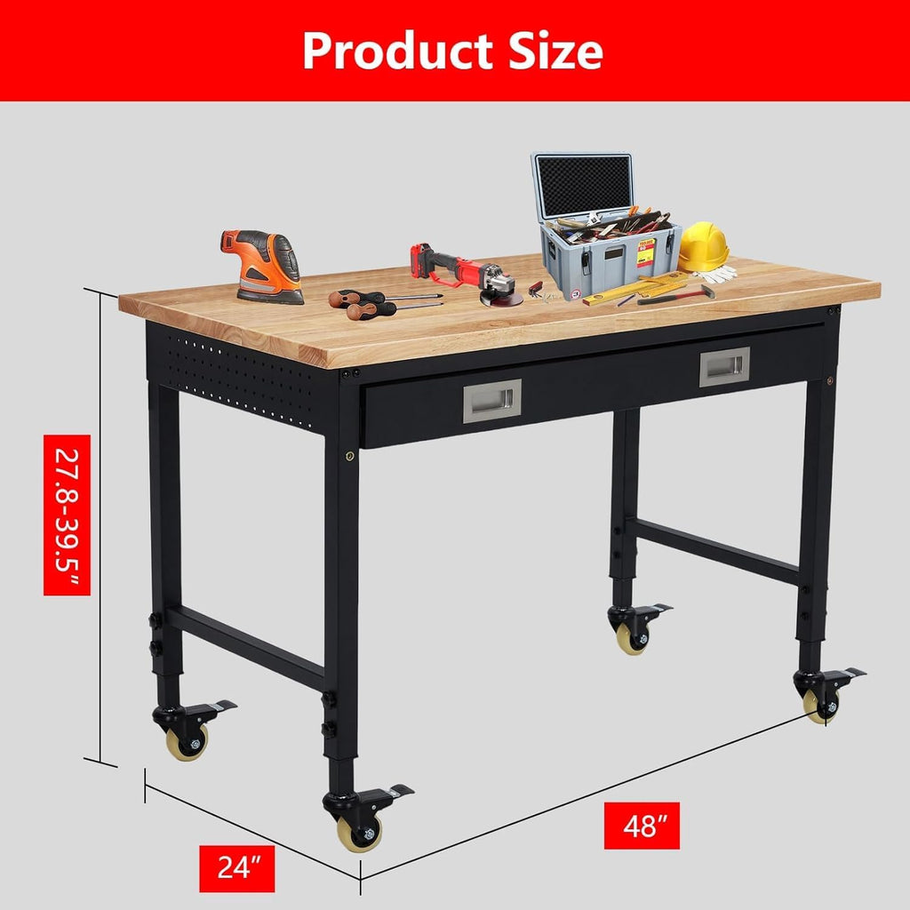 48×24 Adjustable Rubber Wood Workbench