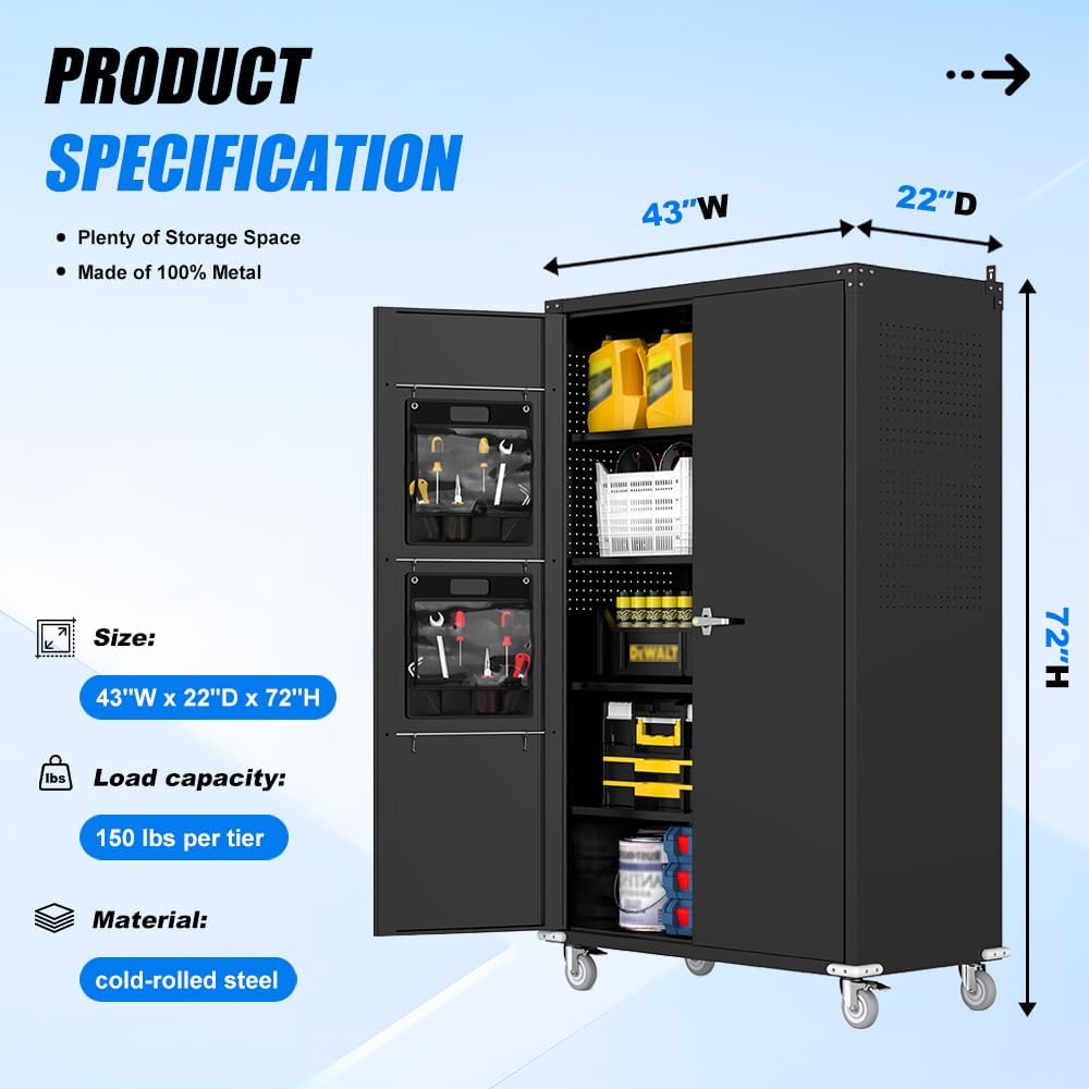 72" Rolling Metal Cabinet Pegboard Black