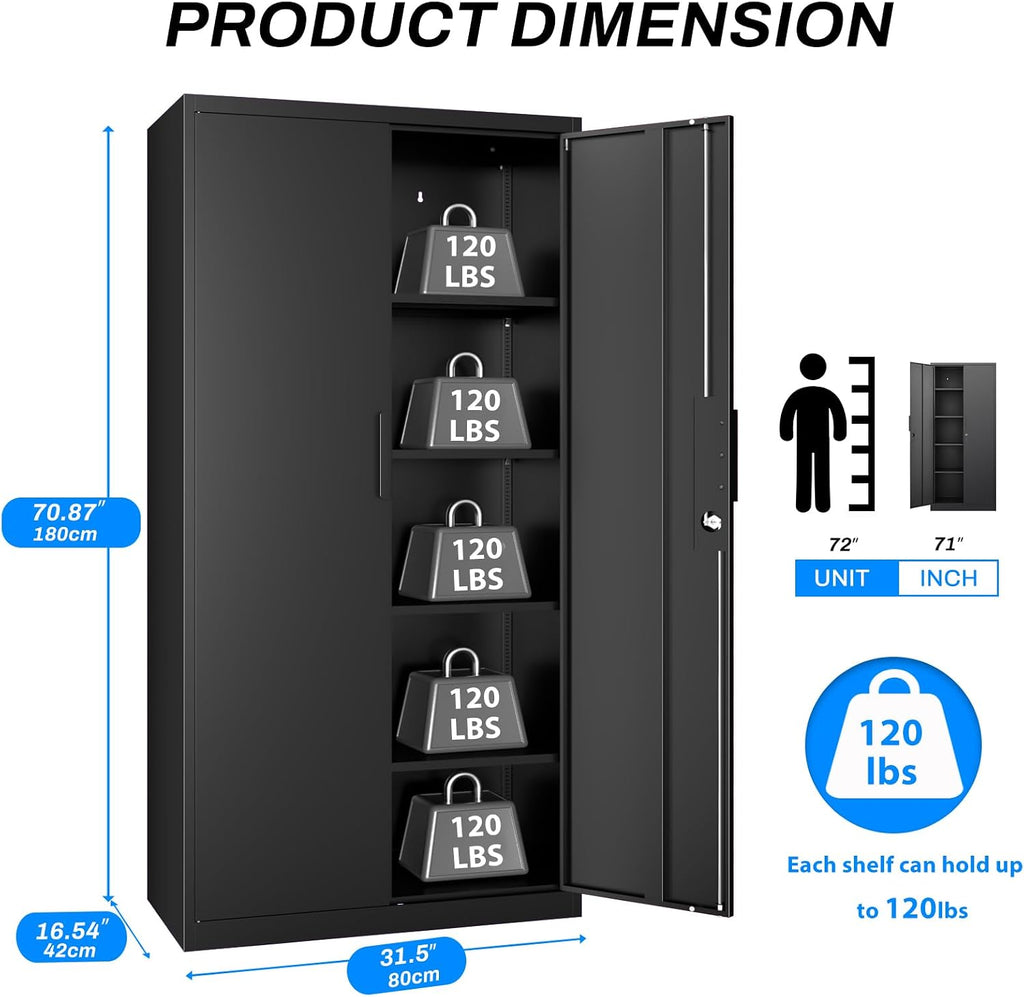 71" Lockable Metal Storage Cabinet Black