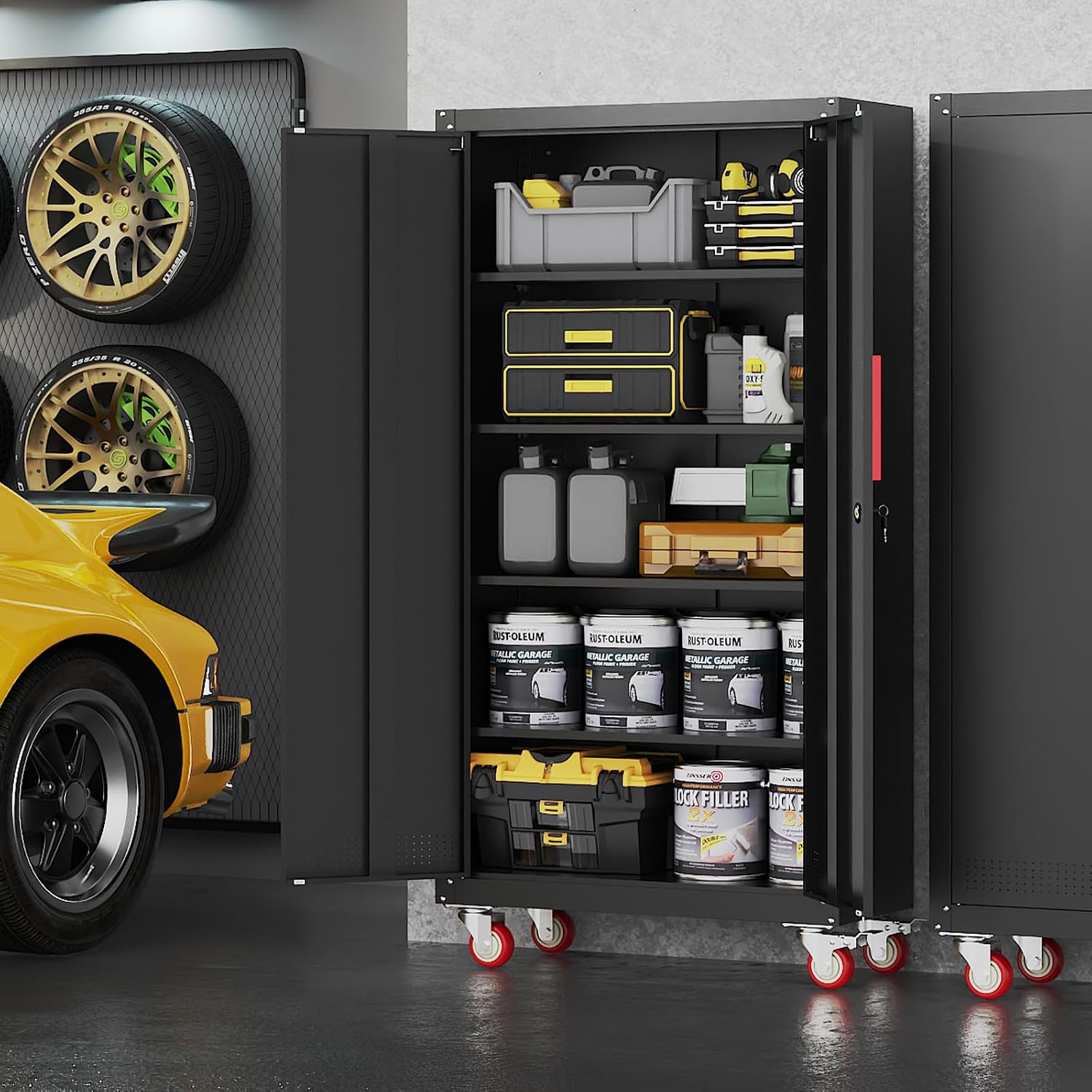 71" Rolling Lockable Metal Cabinet Black