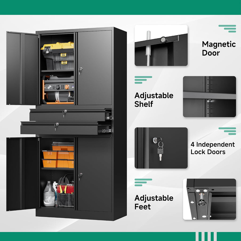 71" Metal Cabinet 2 Drawers Lockable Black