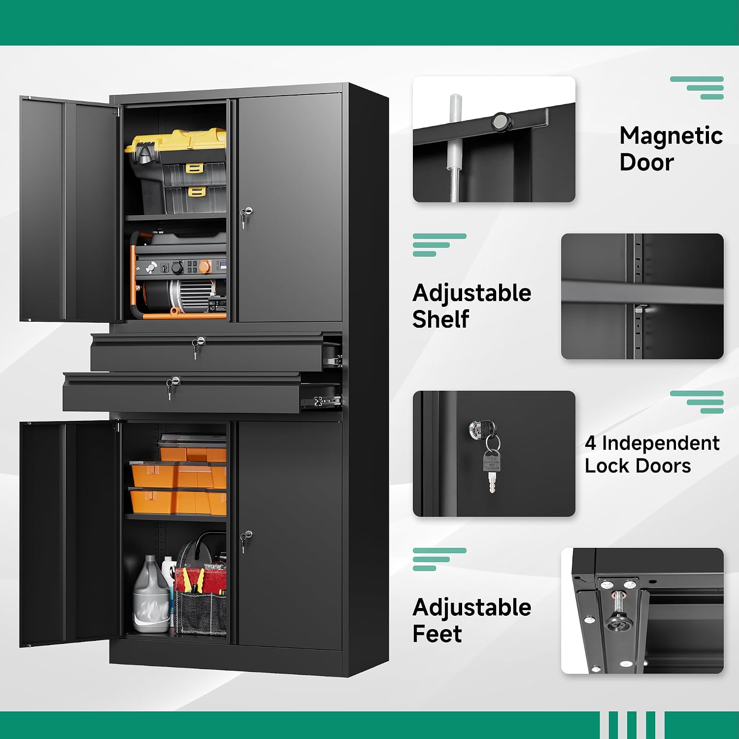 71" Metal Cabinet 2 Drawers Lockable Black