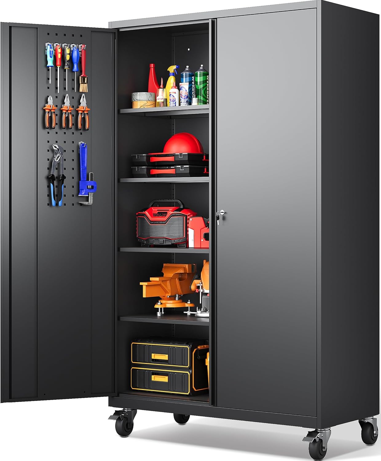 71" Rolling Metal Cabinet Pegboard Black