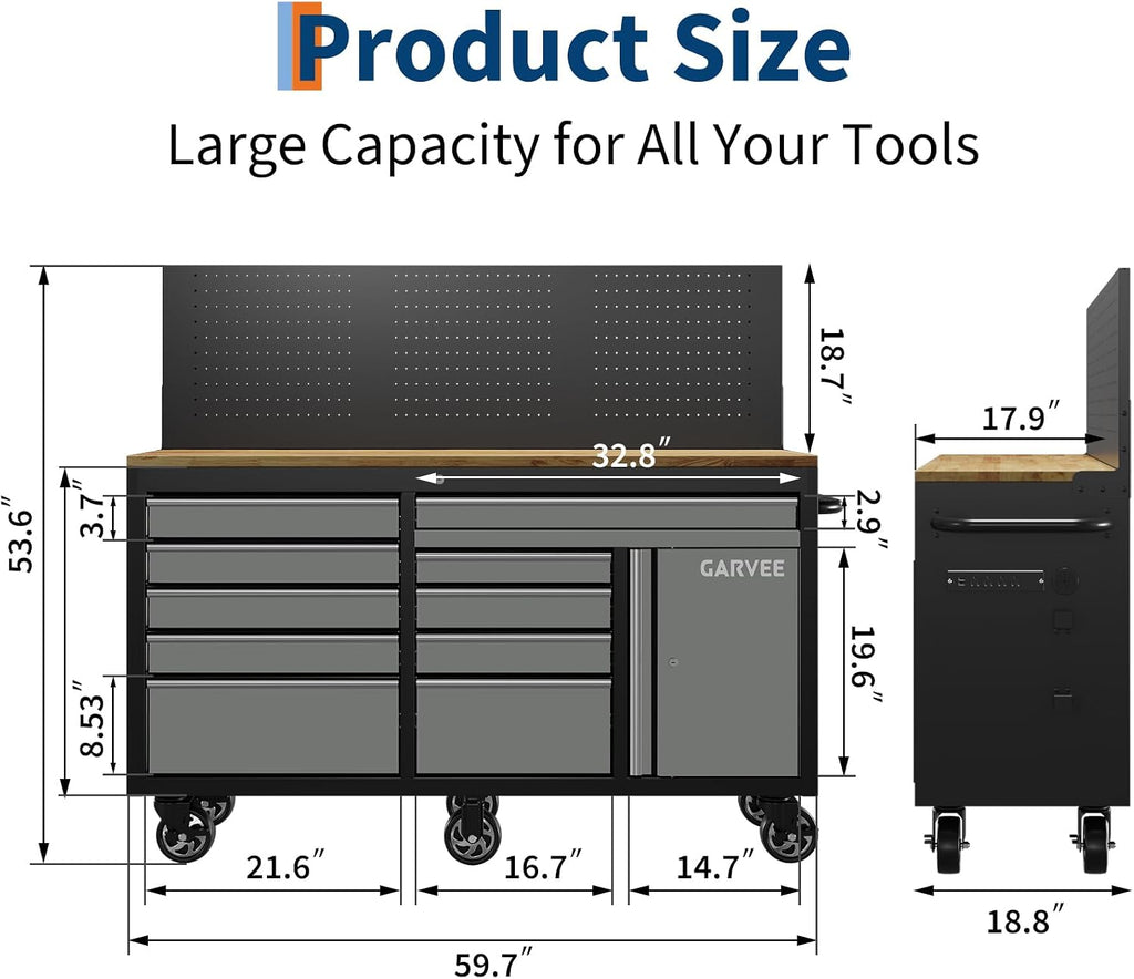 60" Rolling 10 Drawer Tool Chest Workbench