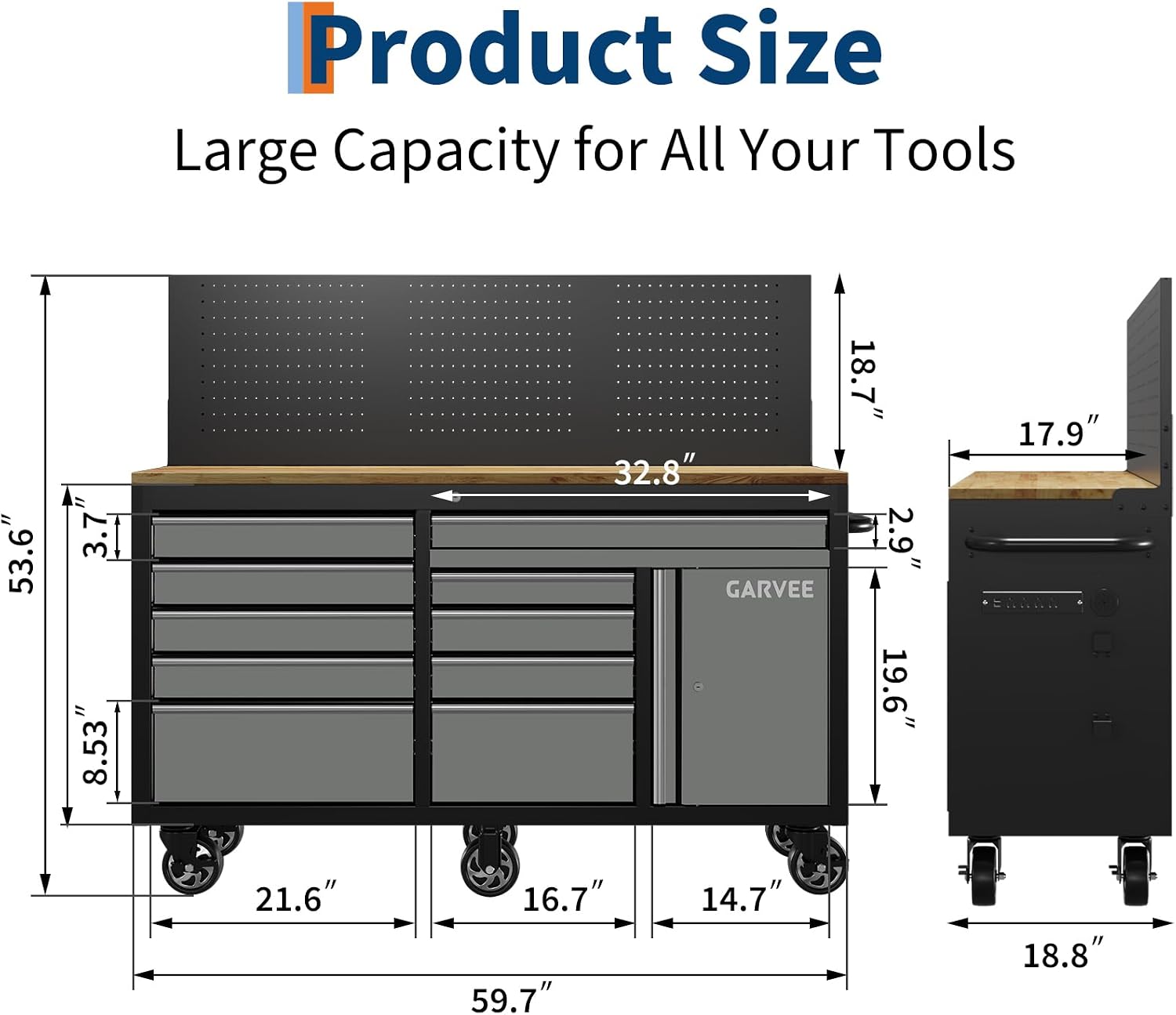 60" Rolling 10 Drawer Tool Chest Workbench