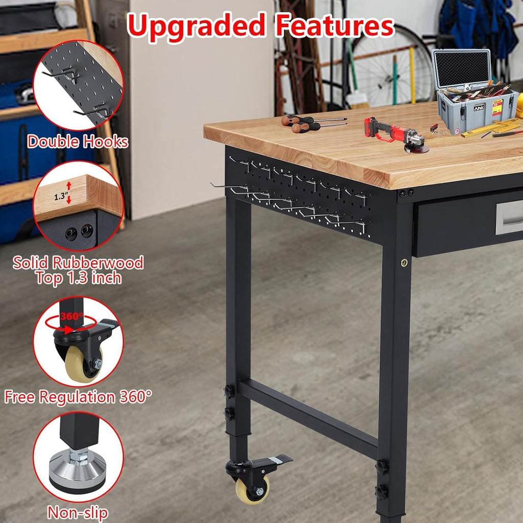 48×24 Adjustable Rubber Wood Workbench