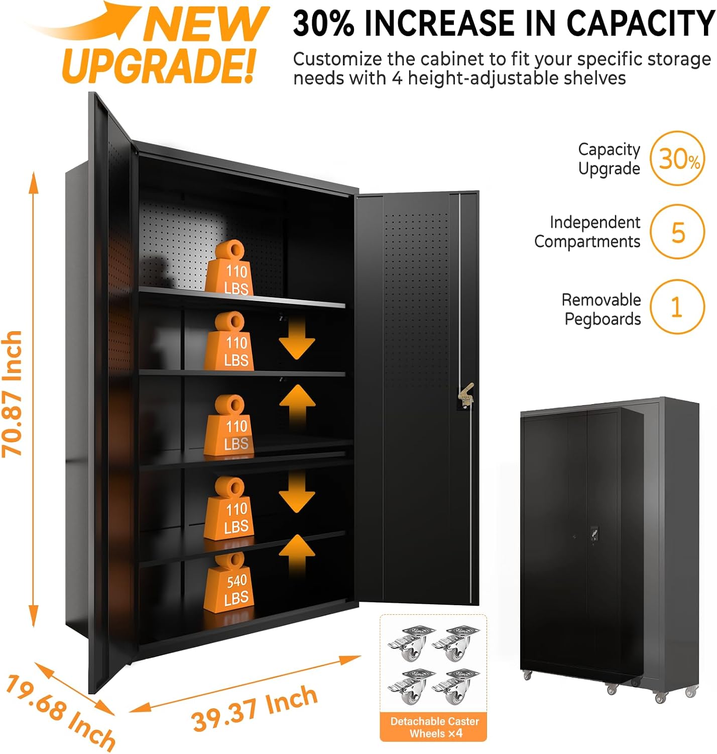 Wide Rolling Metal Cabinet Pegboard Black