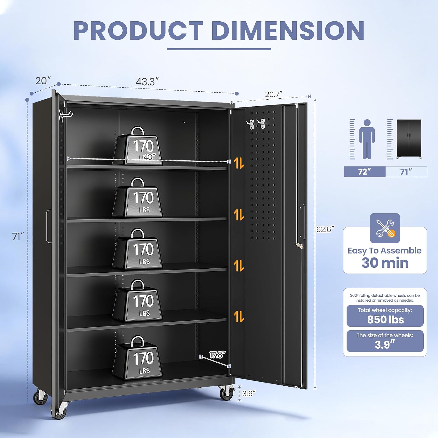 71" Rolling Wide Metal Storage Cabinet