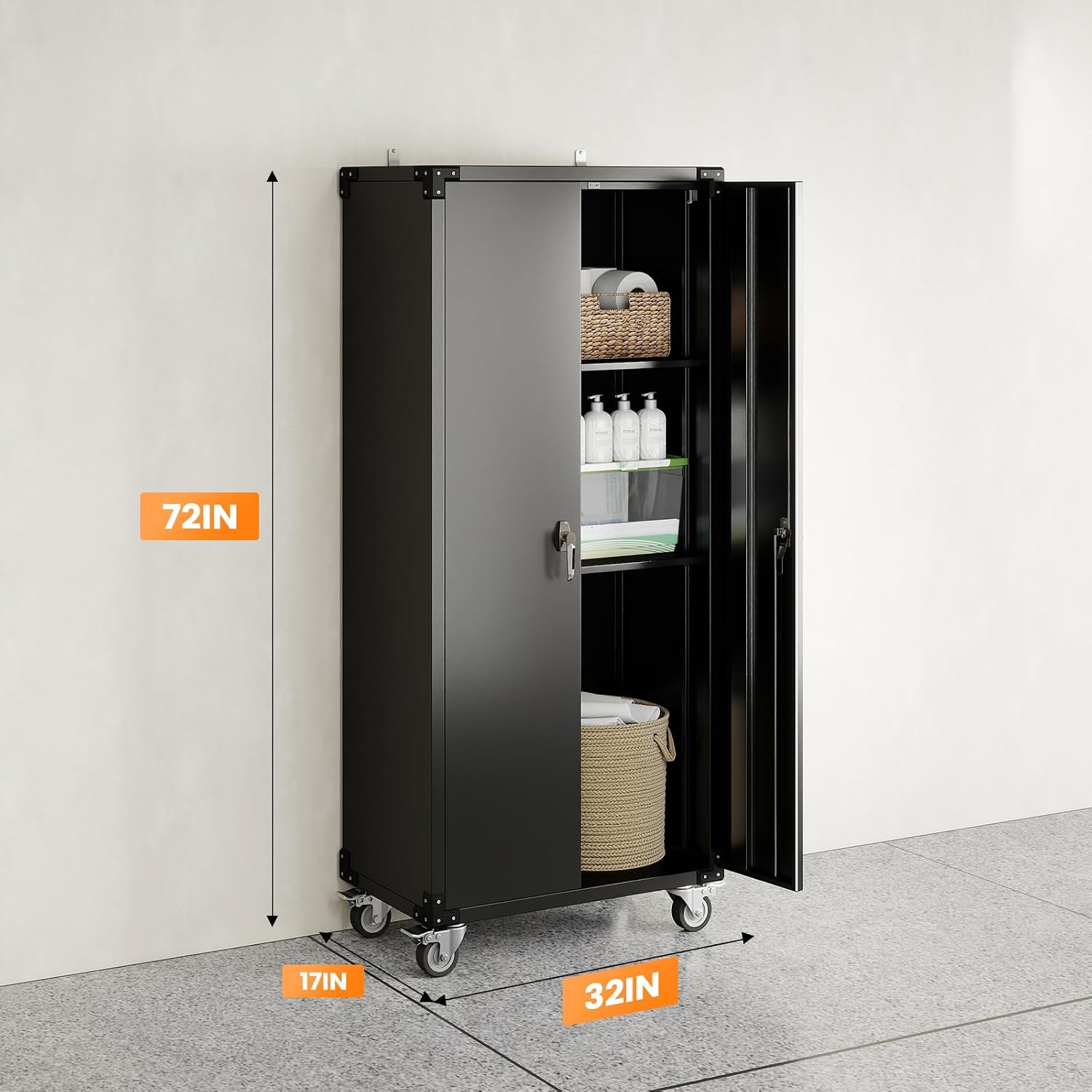 72" Rolling Lockable Metal Cabinet Black