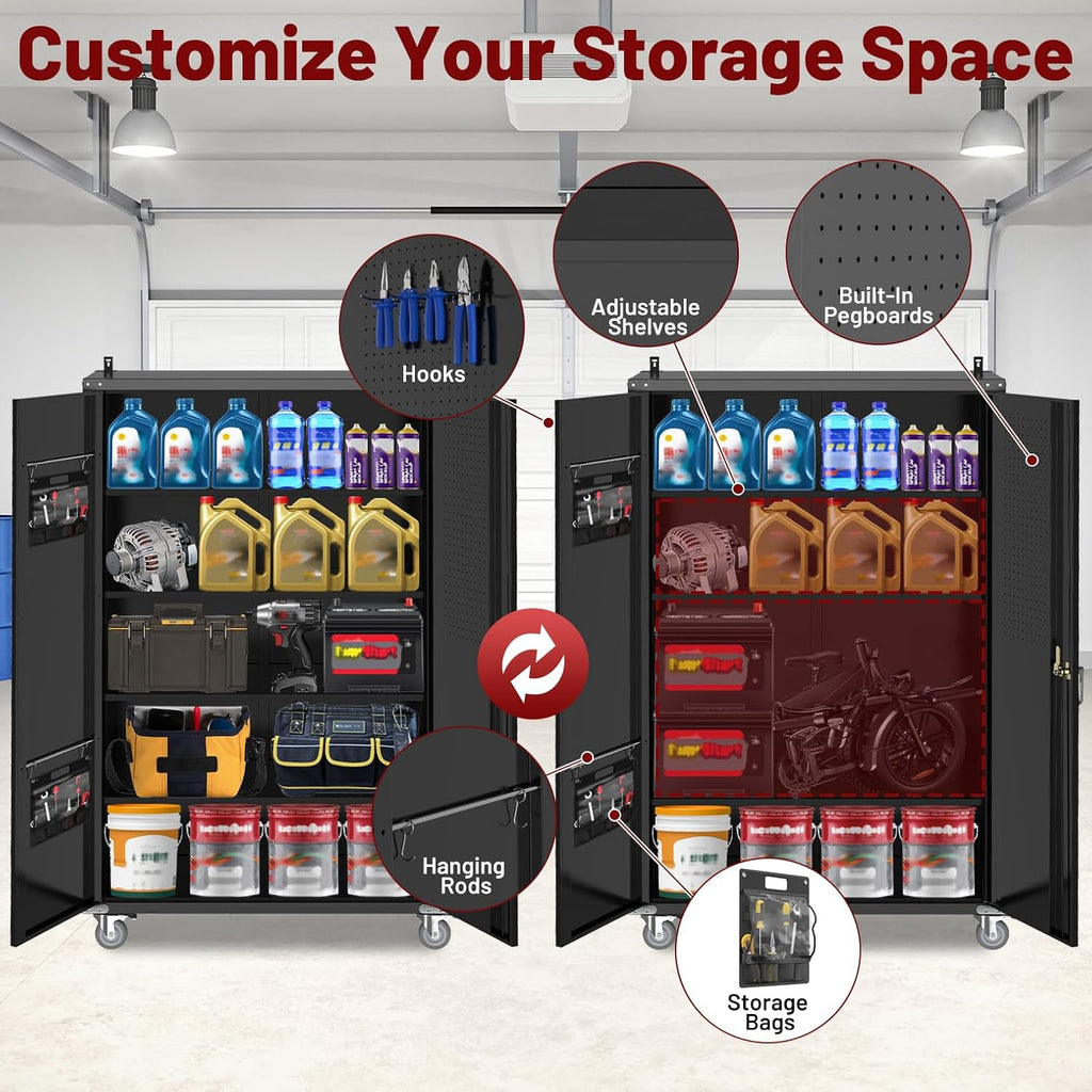 72" Rolling Metal Cabinet Pegboard Lockable