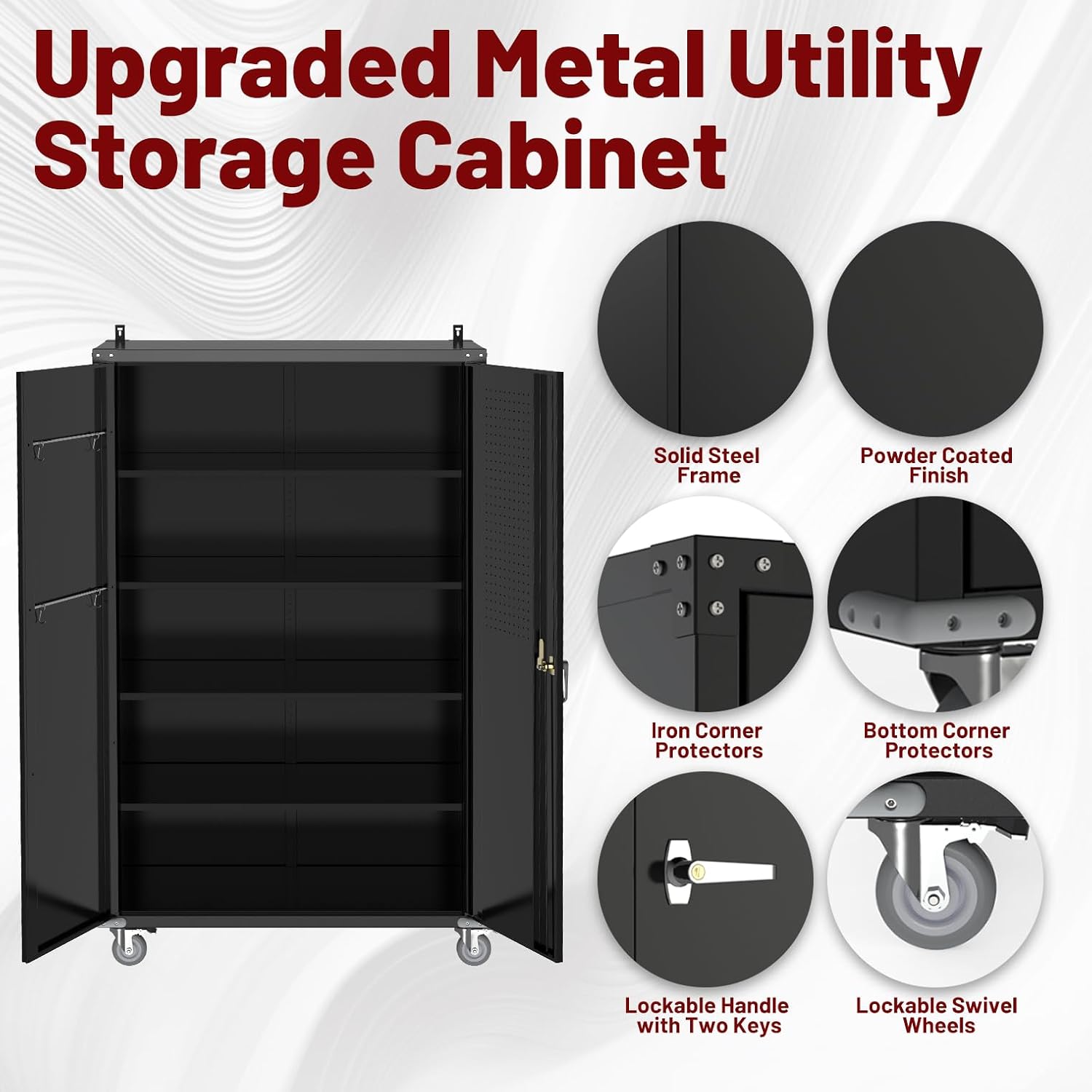 72" Rolling Metal Cabinet Pegboard Lockable