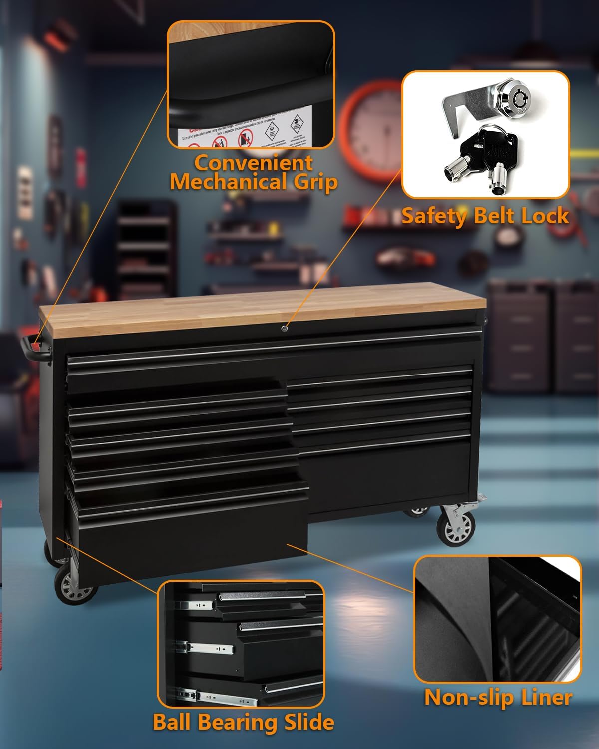 61" 9-Drawer Rolling Tool Chest Wood Top