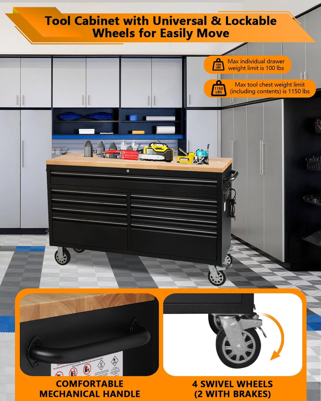 61" 9-Drawer Rolling Tool Chest Wood Top