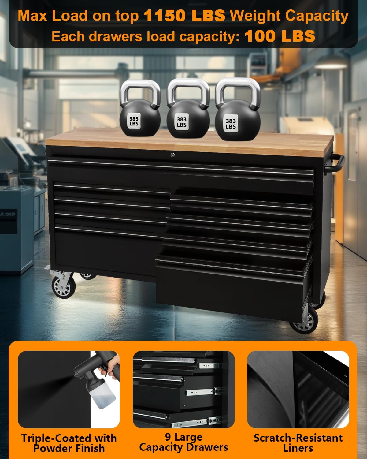 61" 9-Drawer Rolling Tool Chest Wood Top