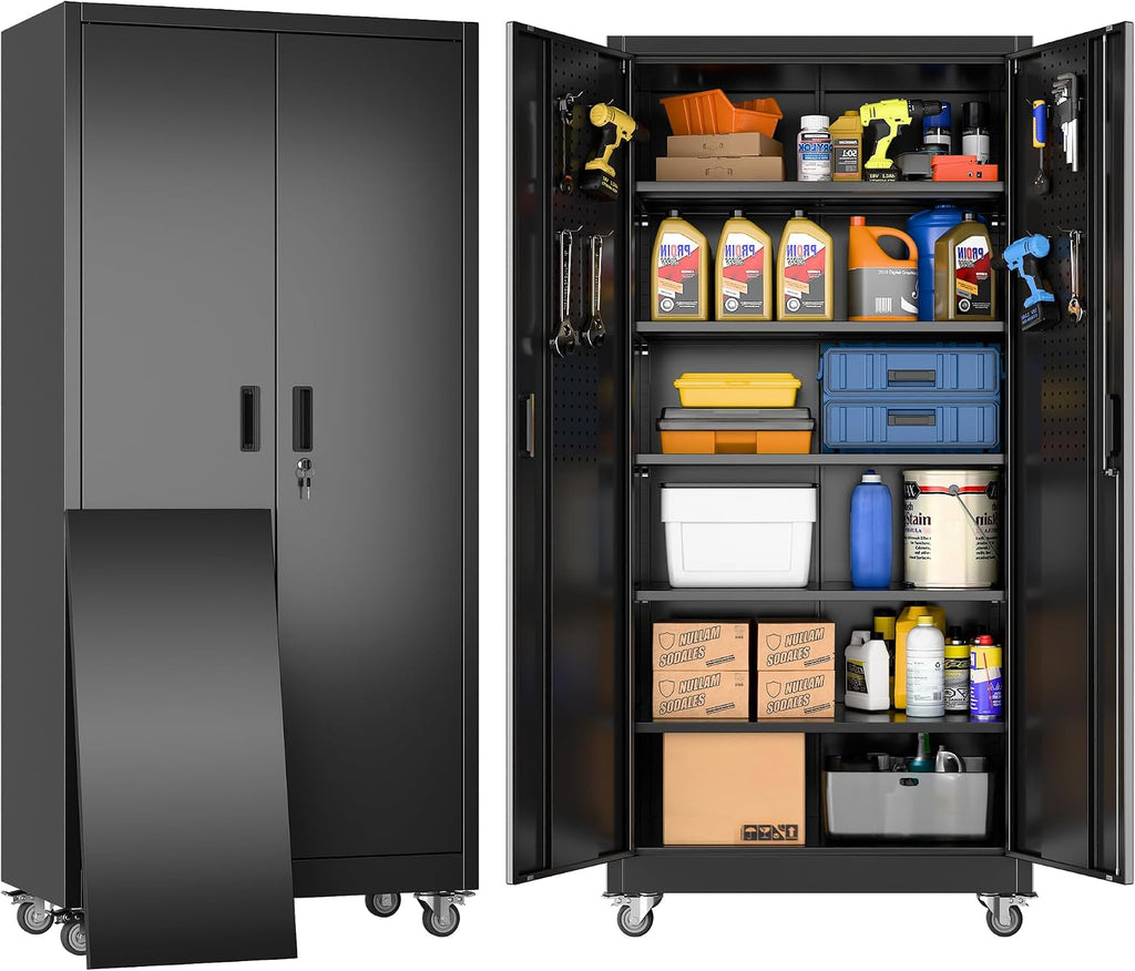71" Rolling Metal Cabinet Pegboard Black