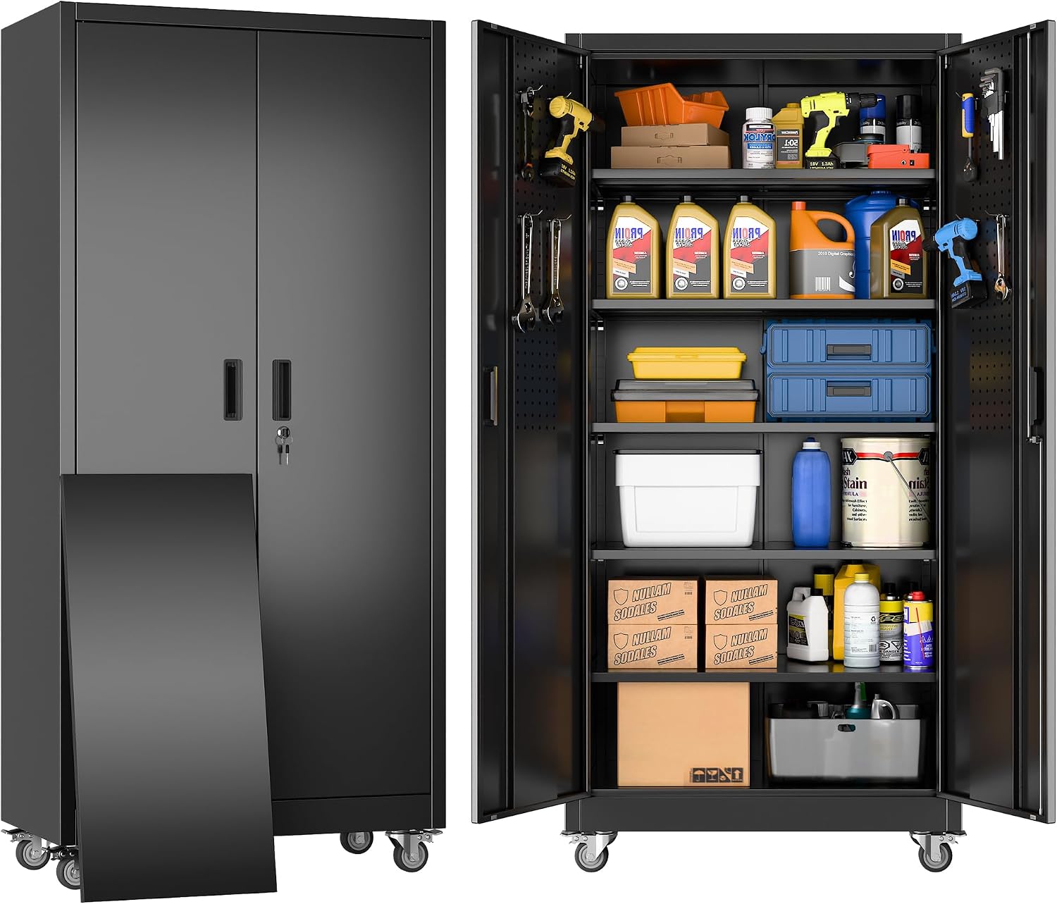 71" Rolling Metal Cabinet Pegboard Black