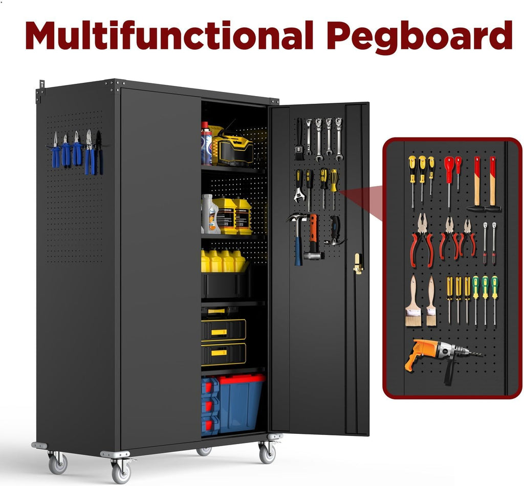 72" Rolling Metal Cabinet Pegboard Lockable