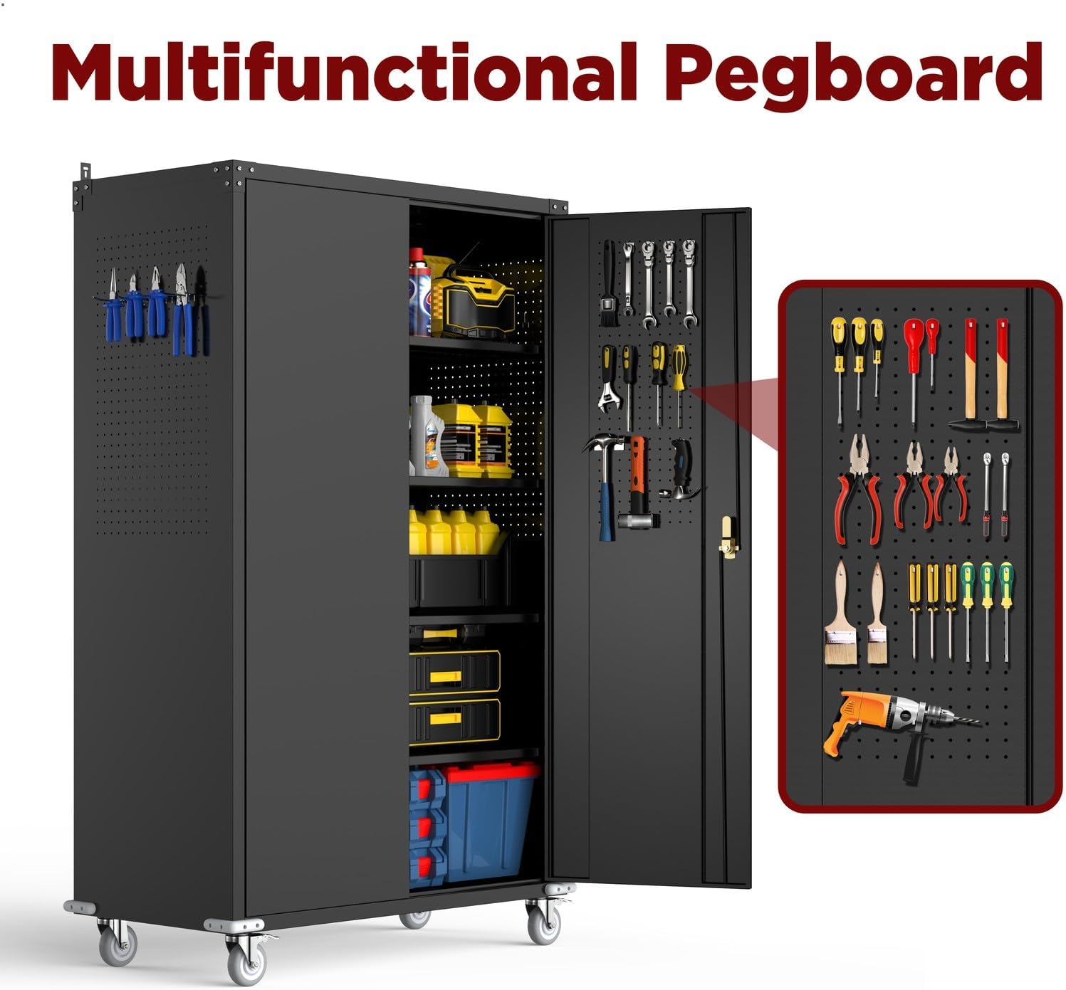 72" Rolling Metal Cabinet Pegboard Lockable