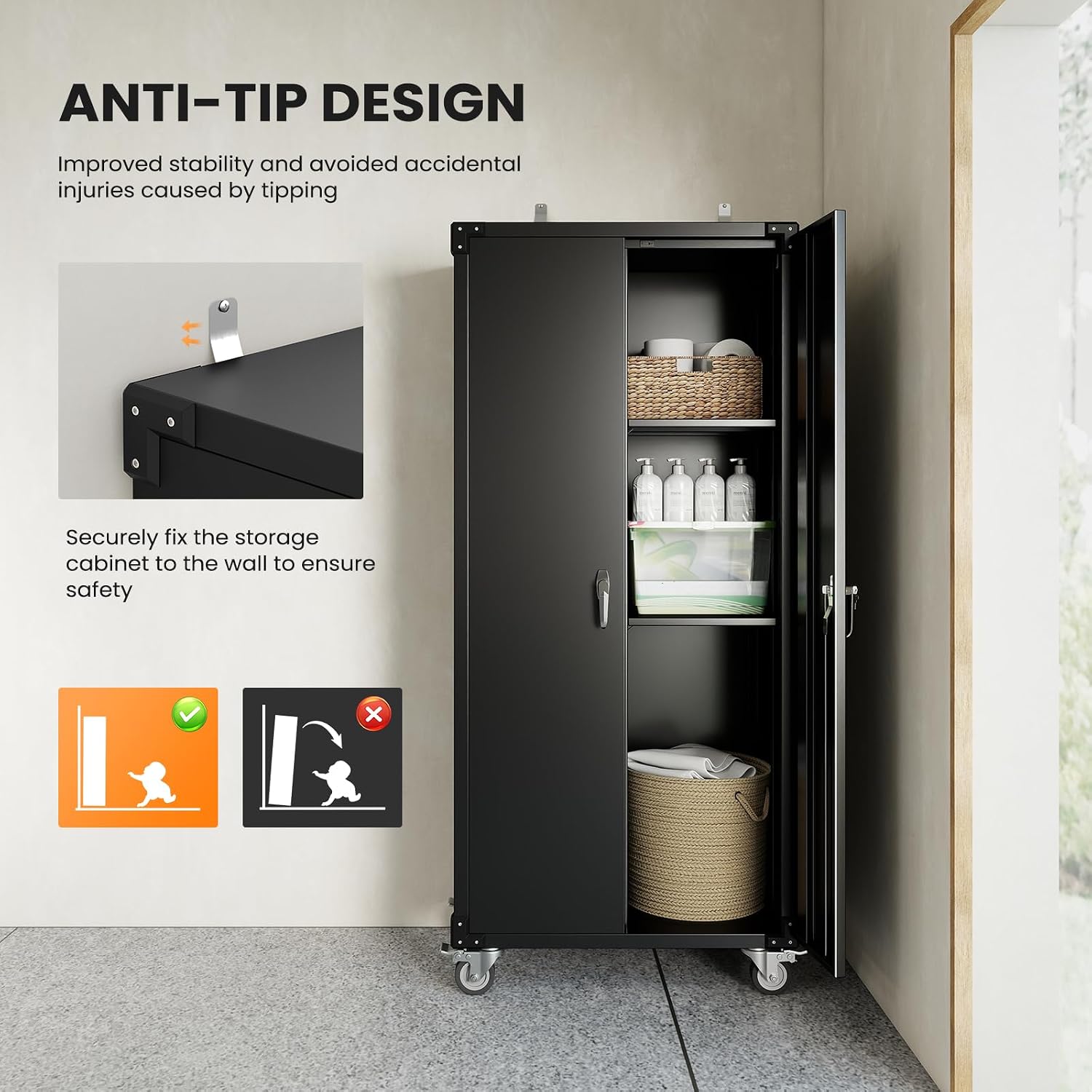 72" Rolling Lockable Metal Cabinet Black