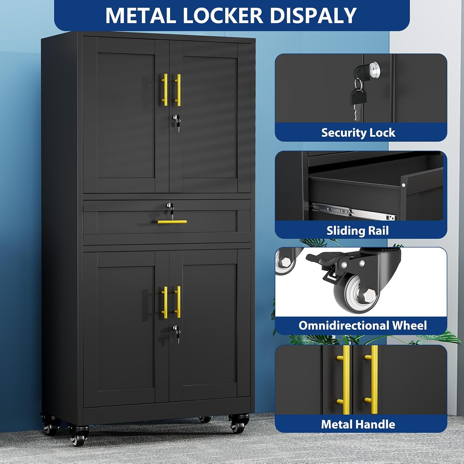 74" Rolling Metal Cabinet Lockable Drawers