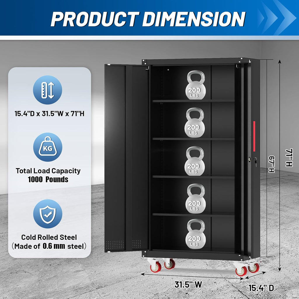 71" Rolling Lockable Metal Cabinet Black