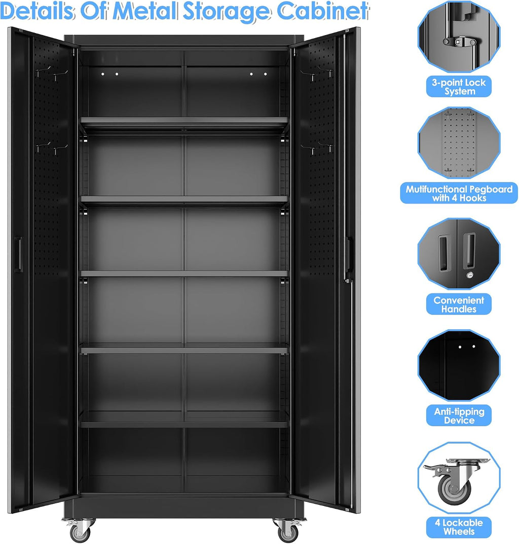 71" Rolling Metal Cabinet Pegboard Black