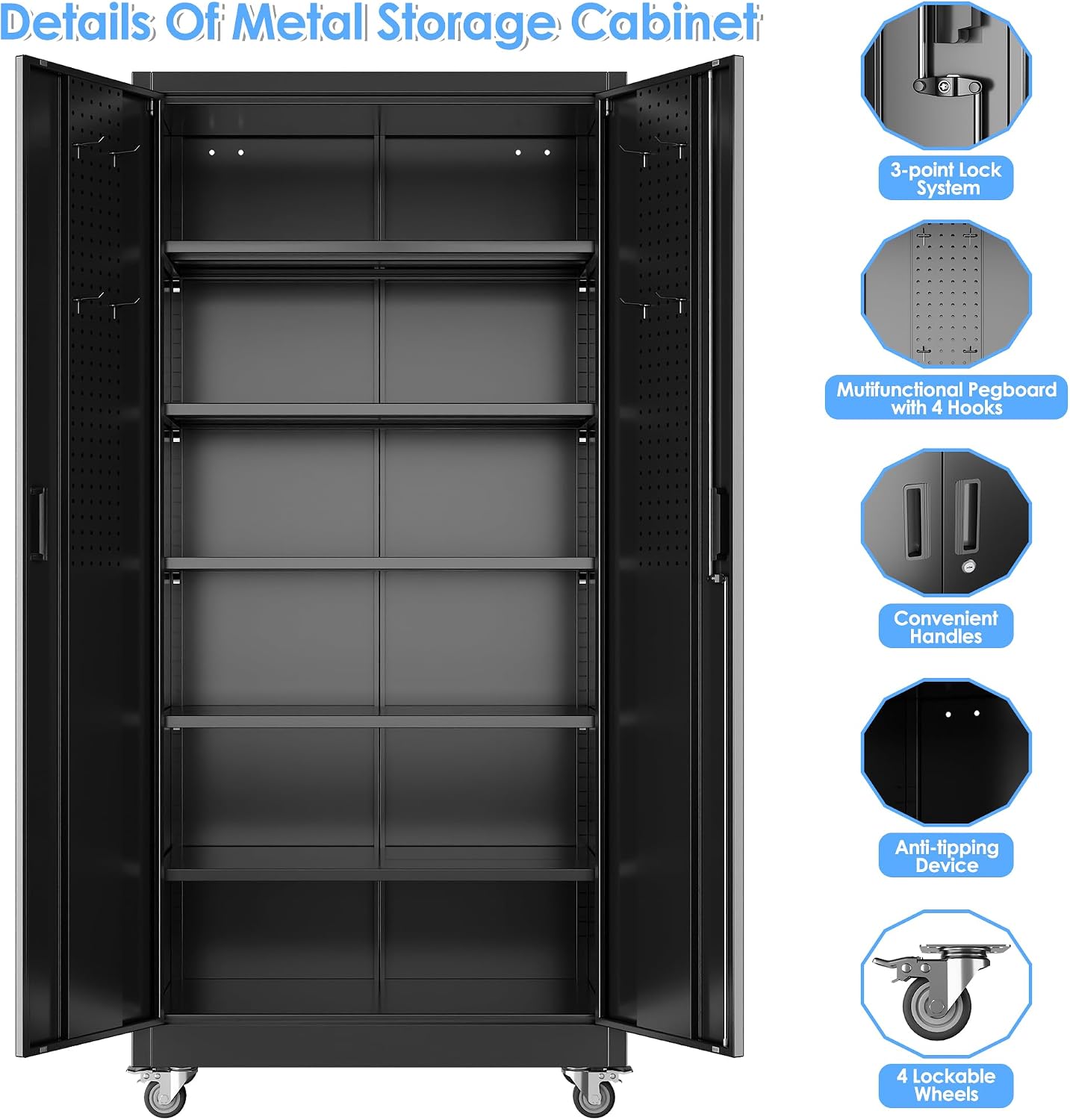 71" Rolling Metal Cabinet Pegboard Black