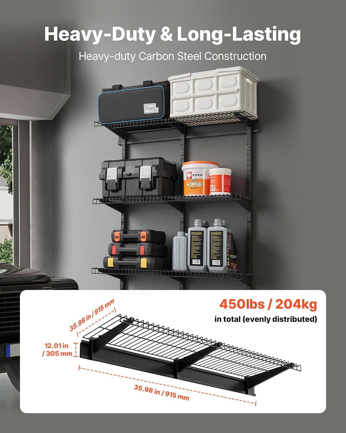 3-Tier Black Garage Wall Shelves 11×36 Inch