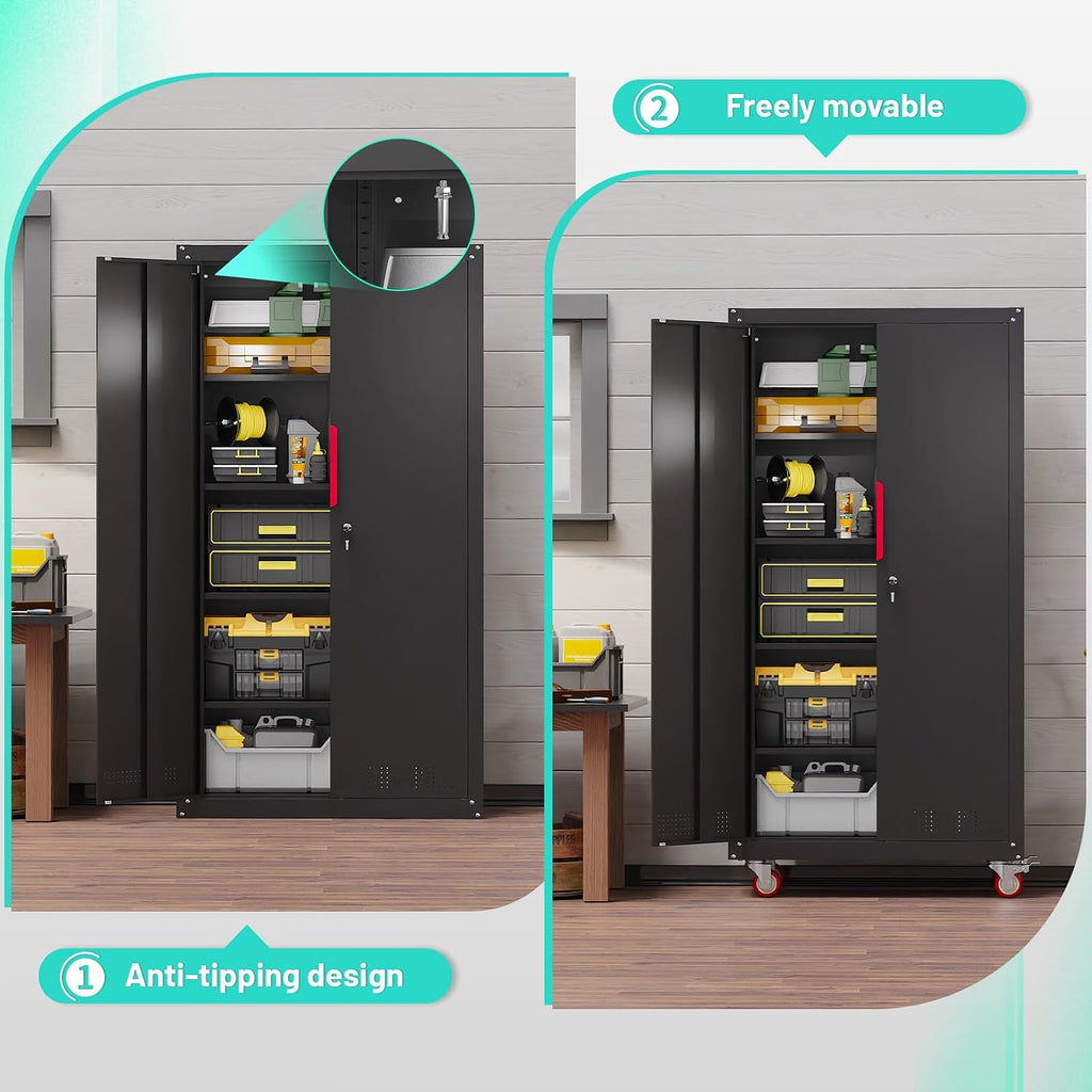 71" Rolling Lockable Metal Cabinet Black