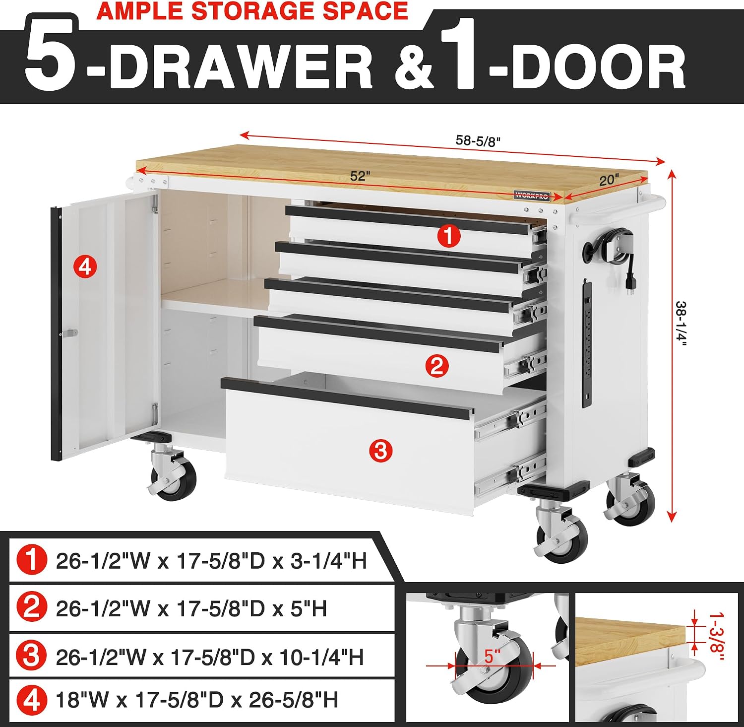 5-Drawer Rolling Tool Chest 52×20 Inch