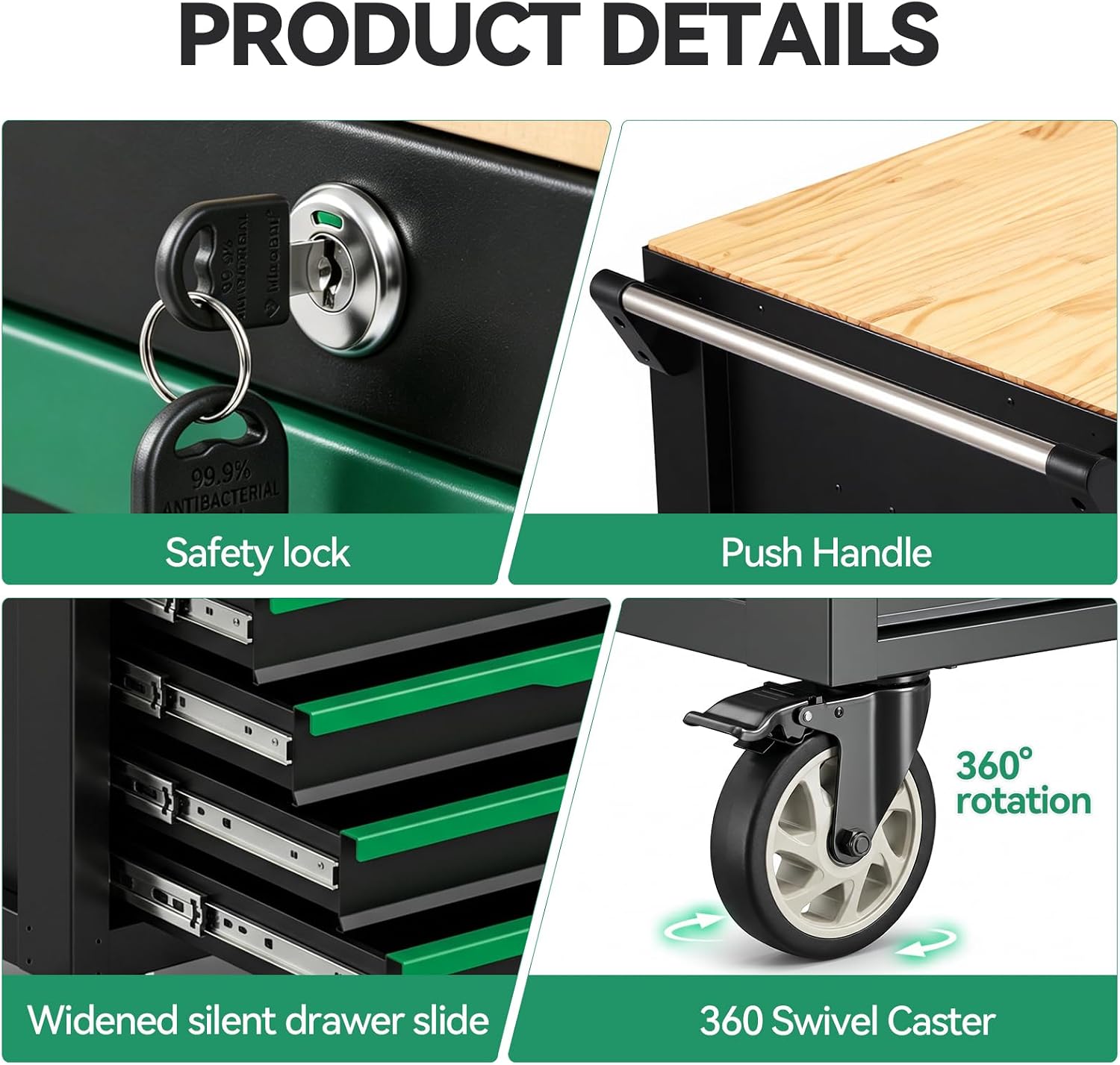 7-Drawer Rolling Tool Cart Wood Top