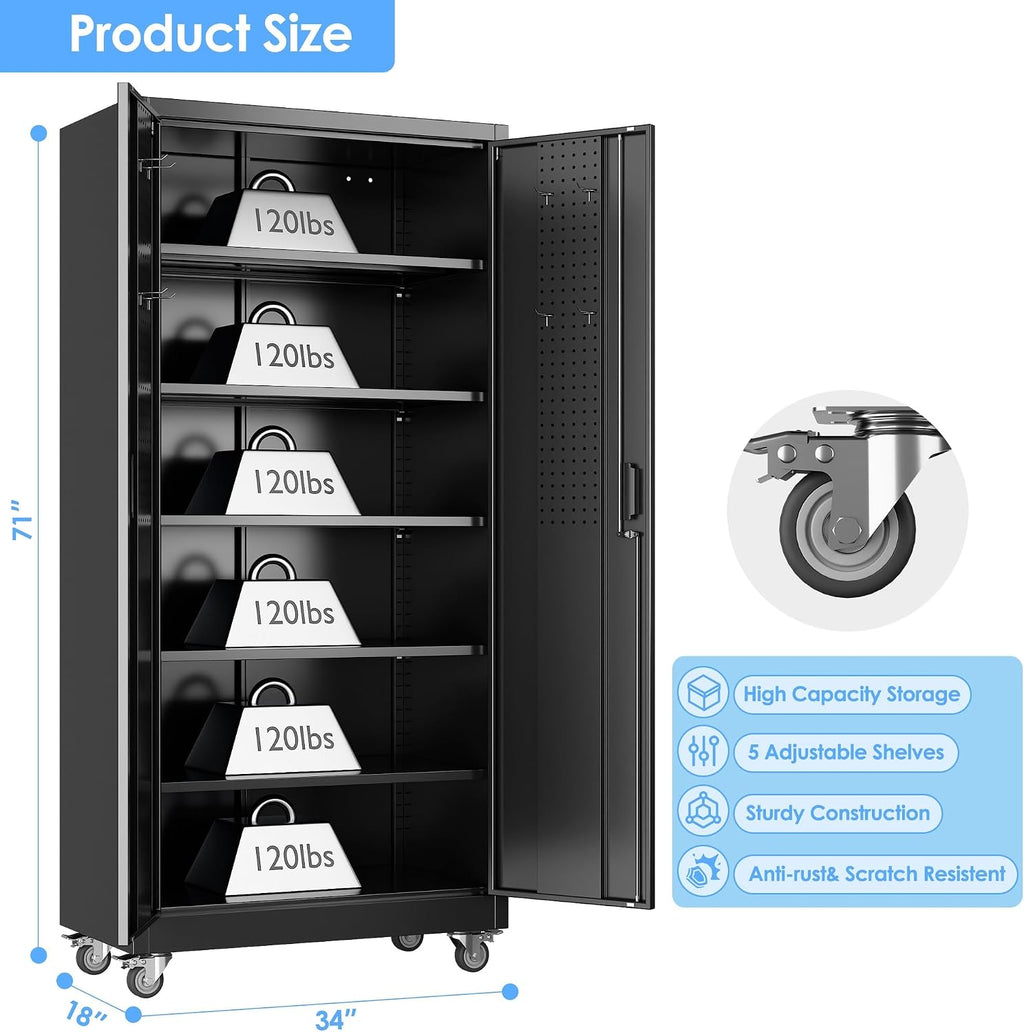 71" Rolling Metal Cabinet Pegboard Black