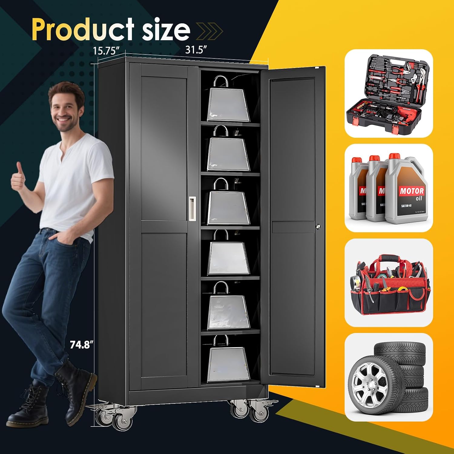 75" Rolling Metal Storage Cabinet Black