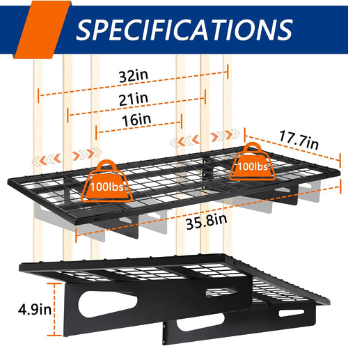 2 Pack Black Garage Shelves 17.7×35.8 Inch