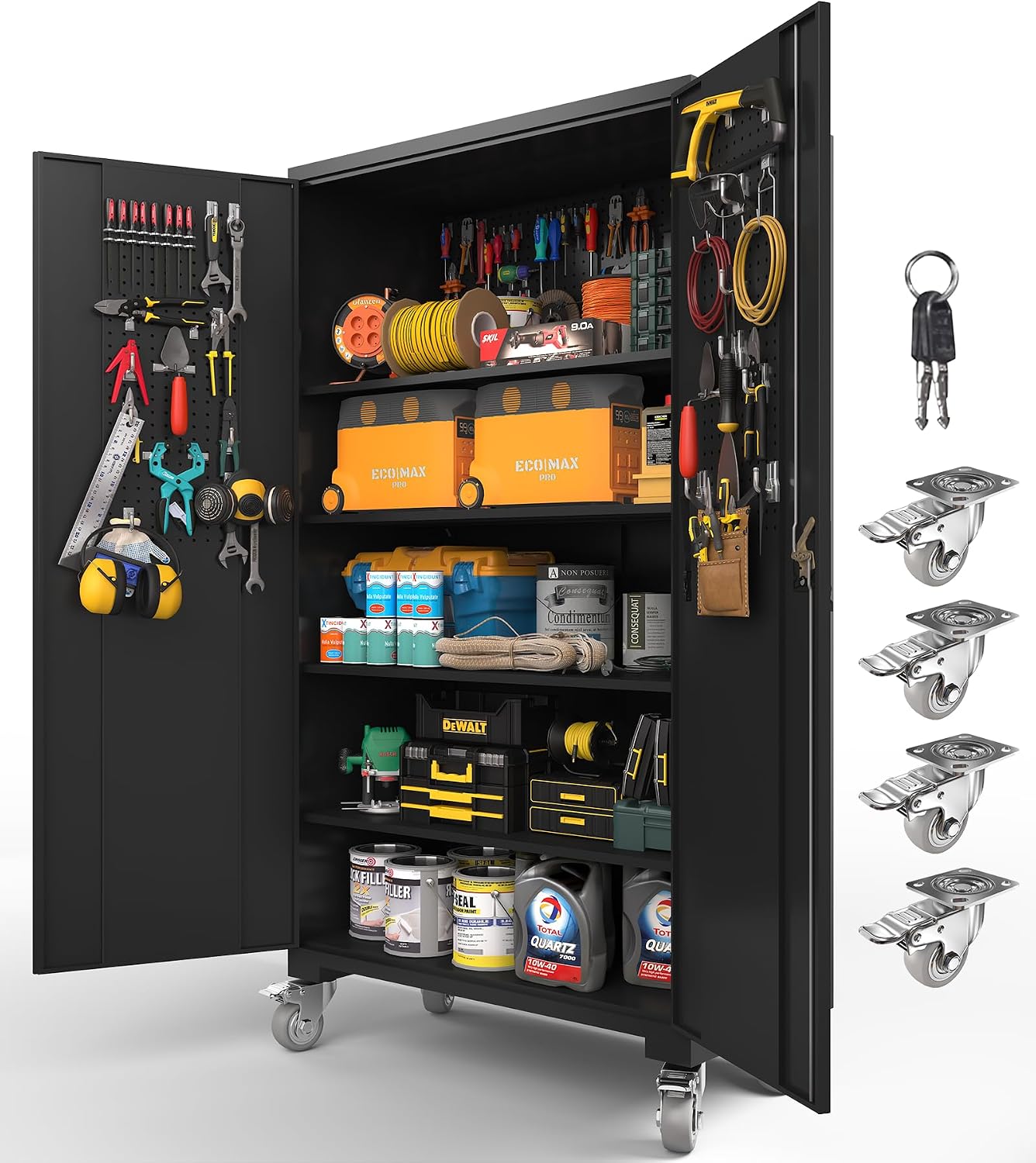 Wide Rolling Metal Cabinet Pegboard Black