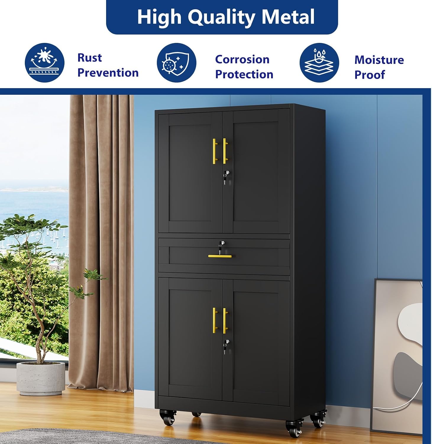 74" Rolling Metal Cabinet Lockable Drawers