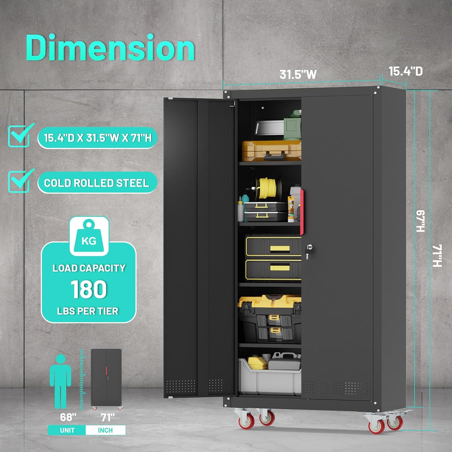 71" Rolling Lockable Metal Cabinet Black