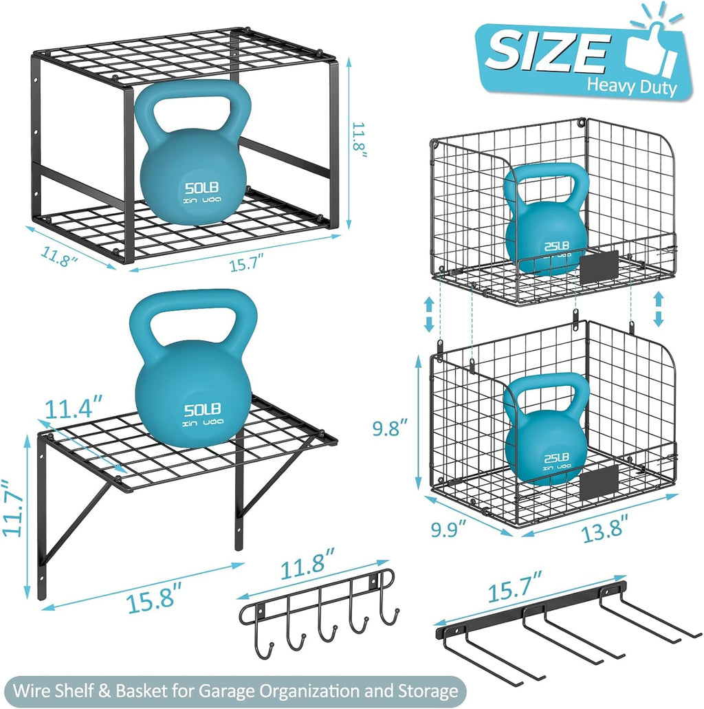 Garage Wall Shelves With Wire Baskets & Hooks