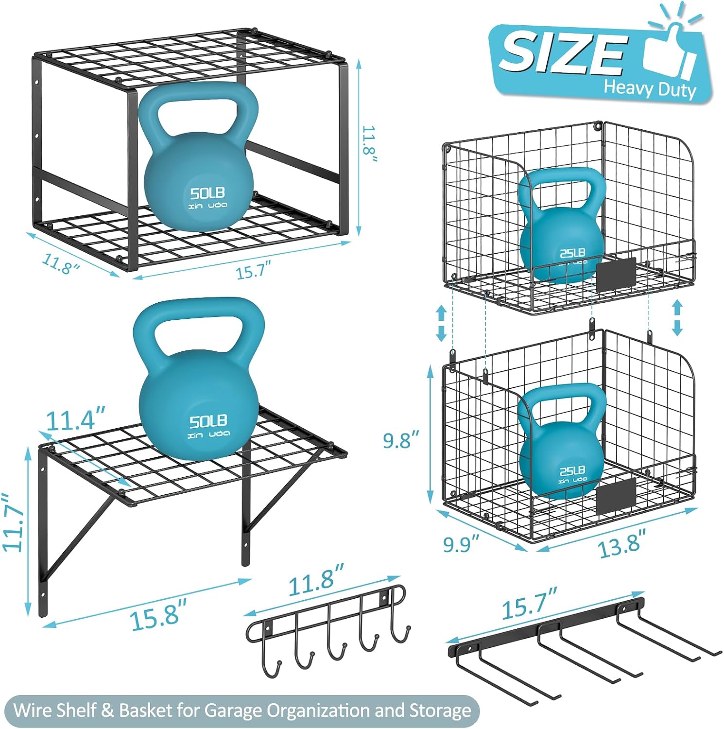 Garage Wall Shelves With Wire Baskets & Hooks