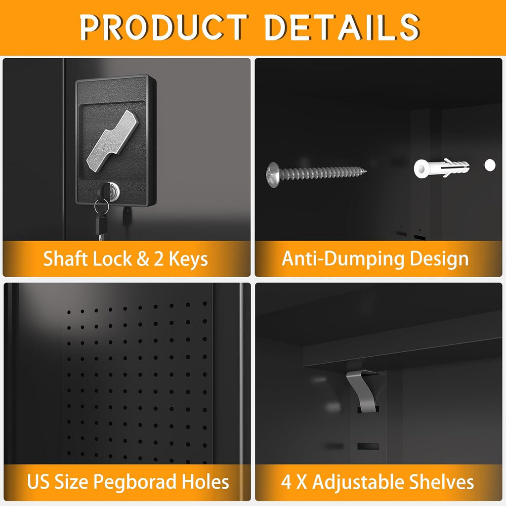 Wide Rolling Metal Cabinet Pegboard Black