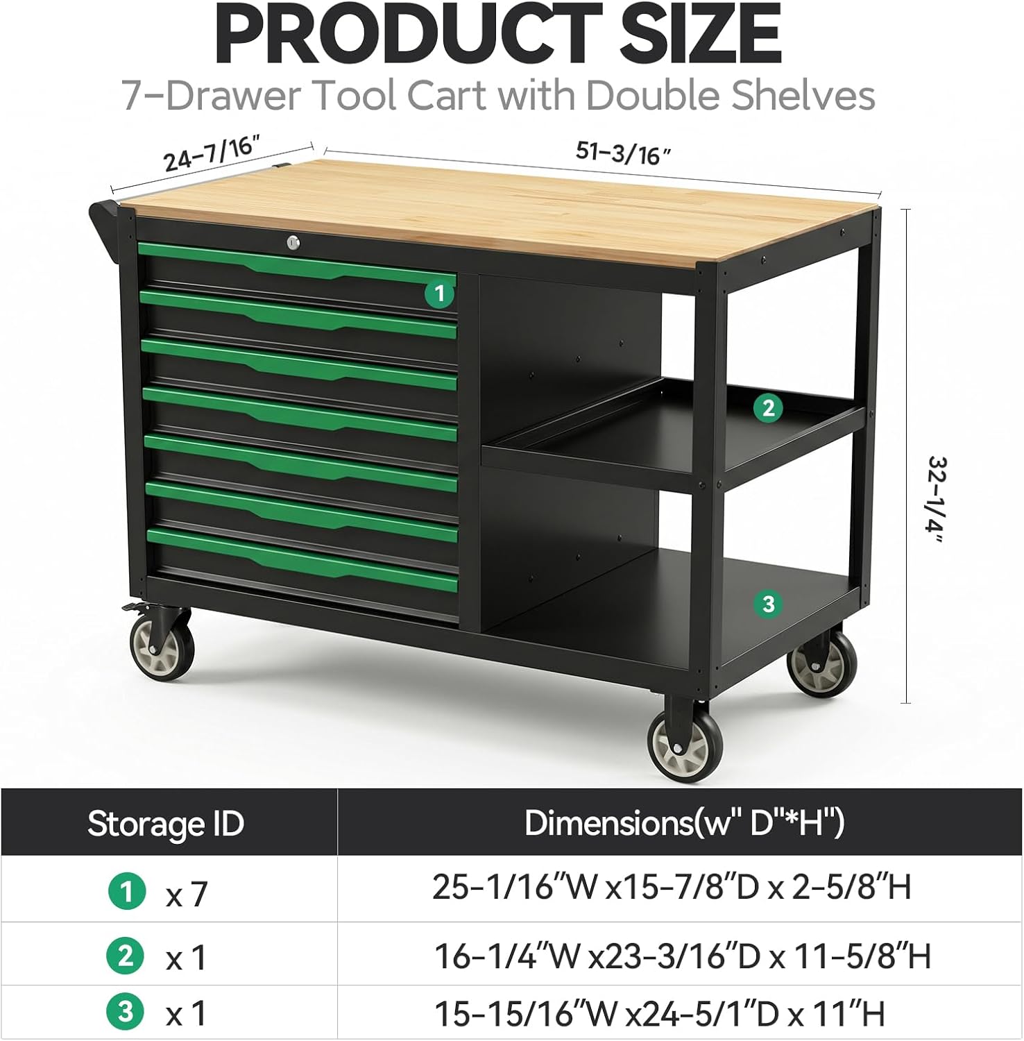7-Drawer Rolling Tool Cart Wood Top