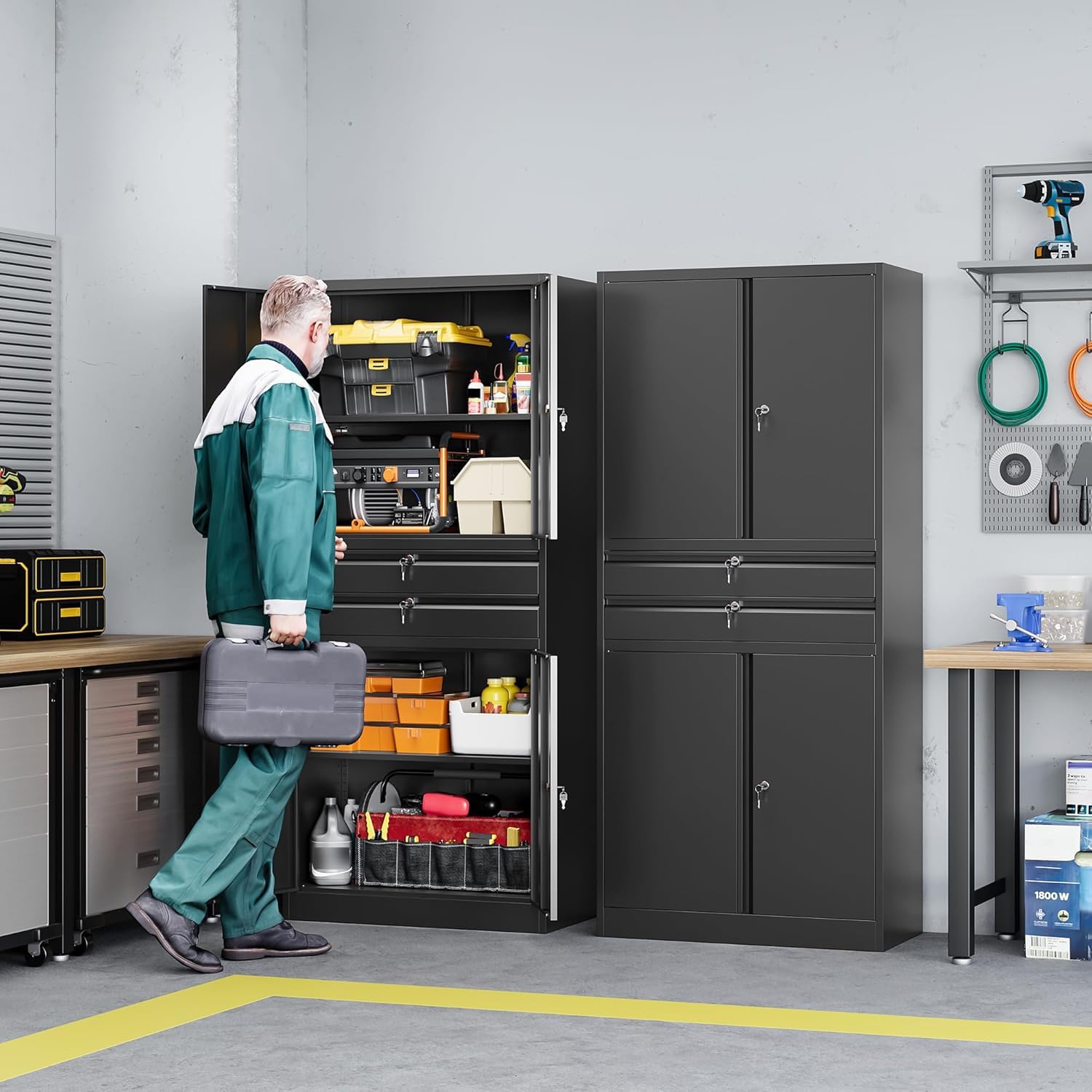 71" Metal Cabinet 2 Drawers Lockable Black