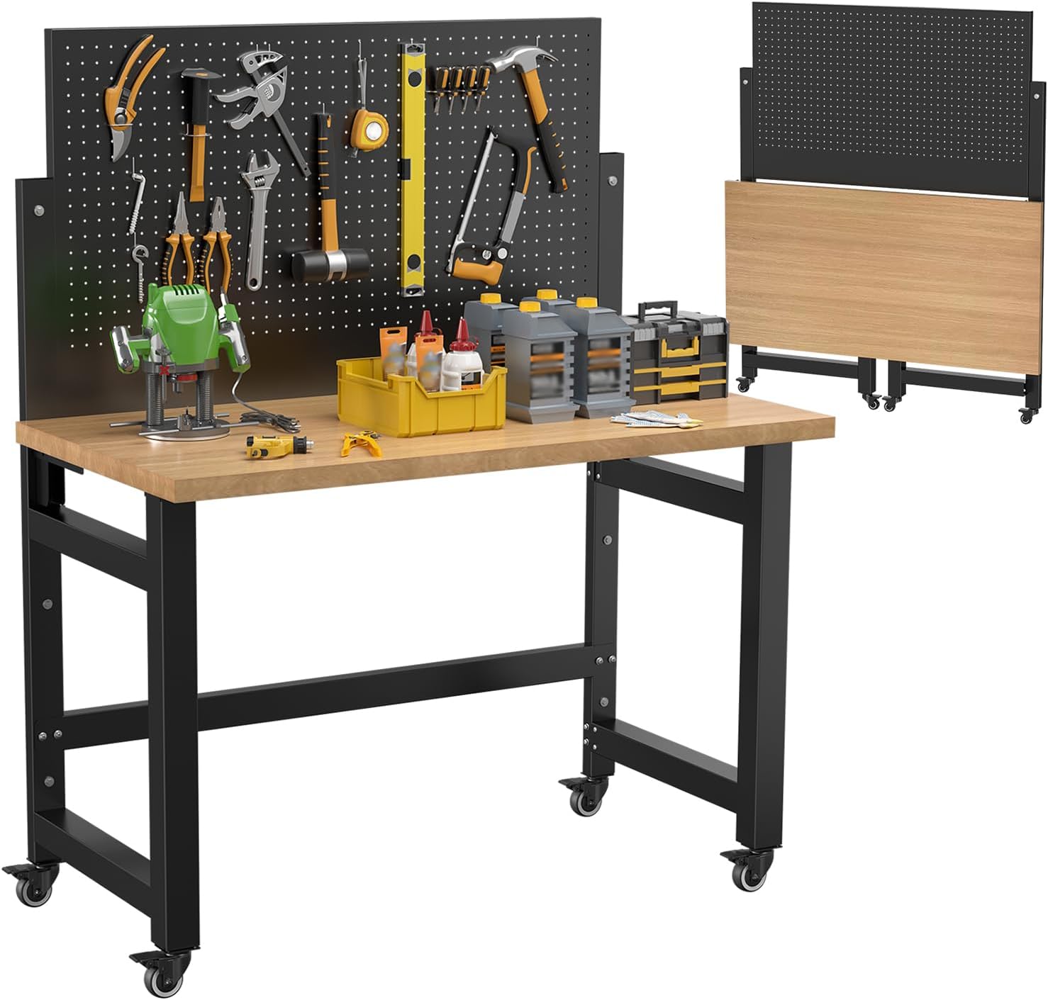 Folding Workbench with Pegboard Wheels