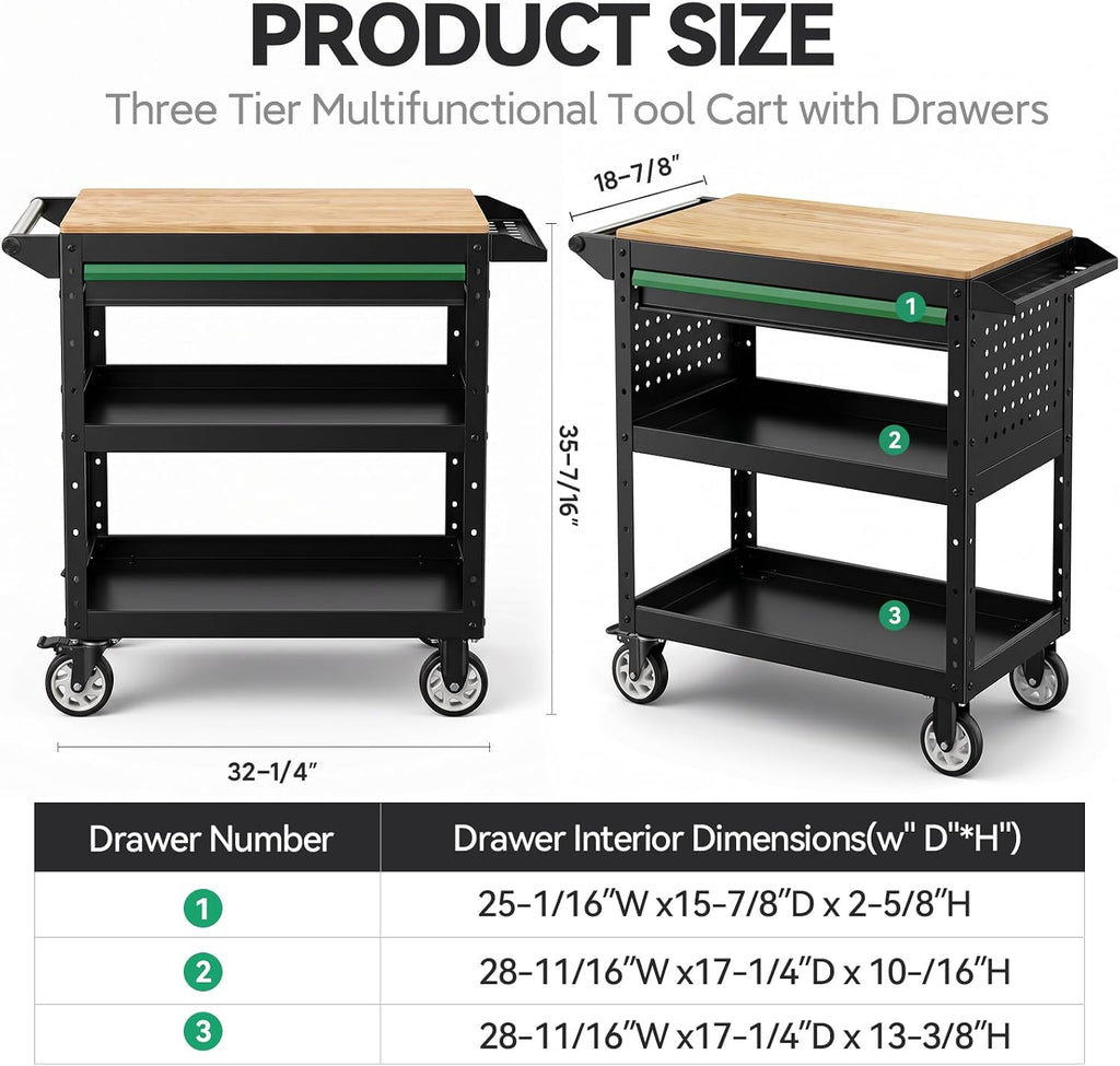 3-Tier Rolling Cart With Wooden Top